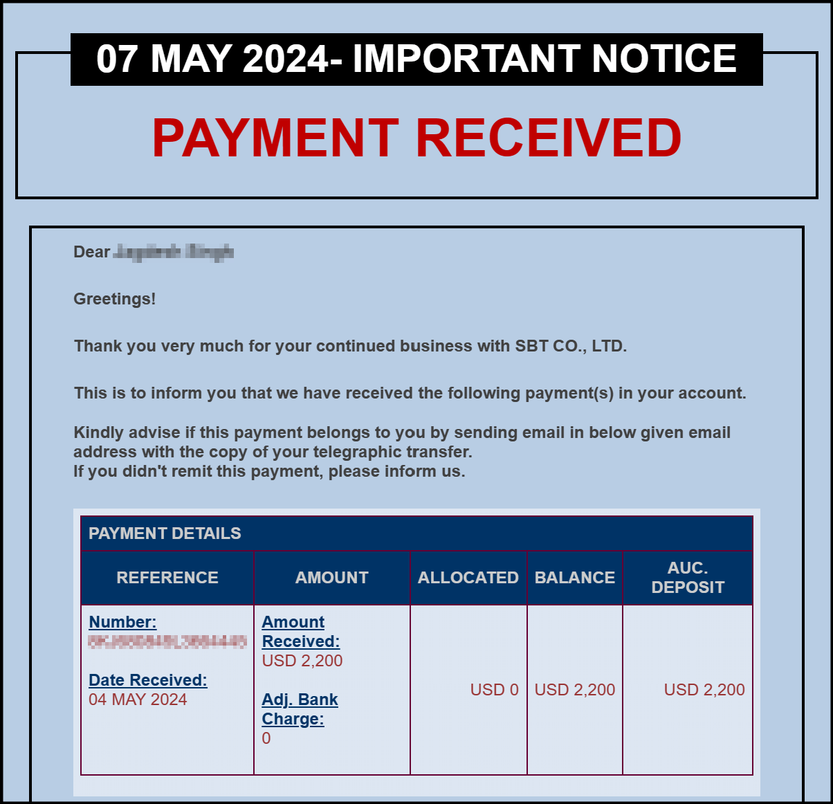 Capture screen of Payment completed via email