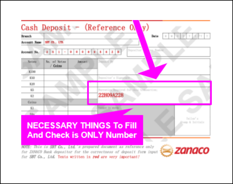 Go to any Zanaco branch and fill out the Cash Deposit