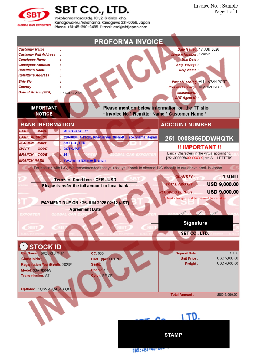 Example of an official SBT invoice